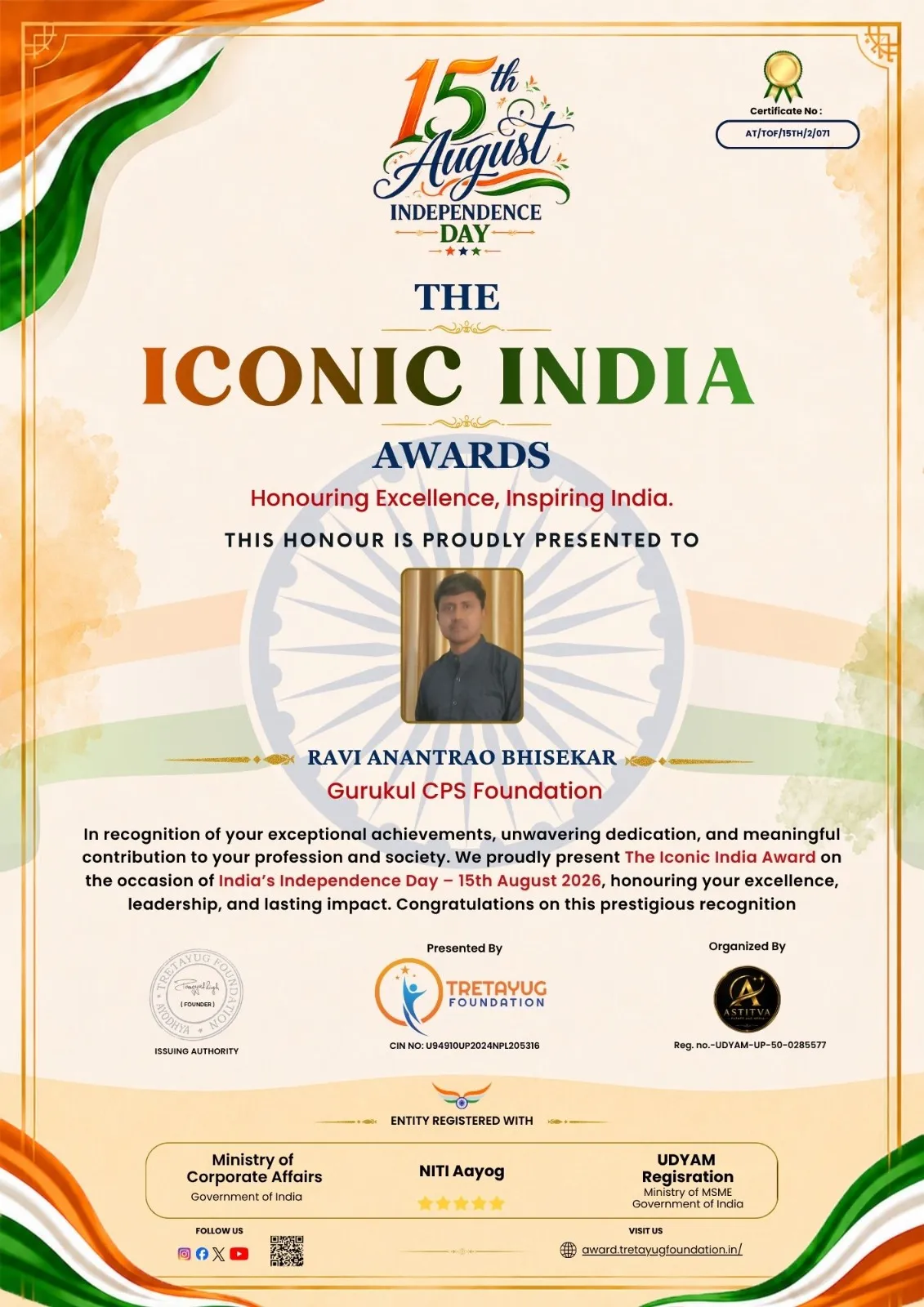The Iconic India Awards certificate presented by Tretayug Foundation to Ravi Anantrao Bhisekar of Gurukul CPS Foundation