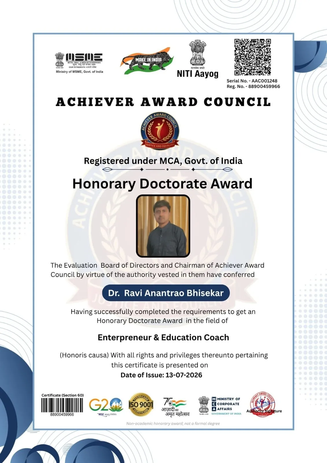 Honorary Doctorate Award certificate from Achiever Award Council presented to Dr. Ravi Anantrao Bhisekar